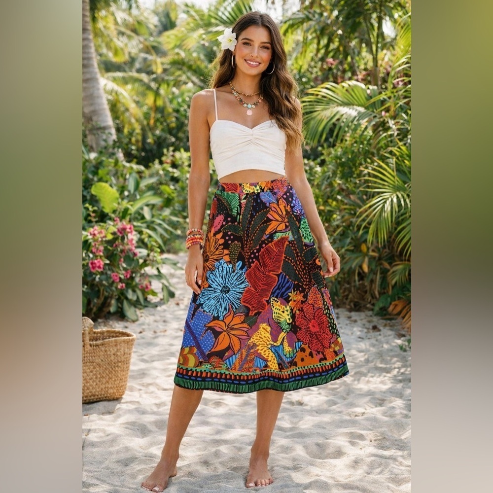 FARM RIO Black Cool Leopards Midi Skirt Floral Tropical Multicolor
